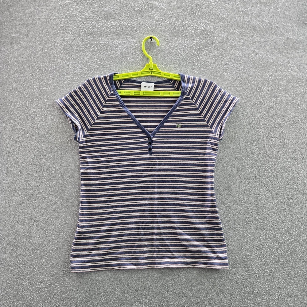 Lacoste Women Shirt 42 Blue Striped Henley Embroidered V-Neck Pullover